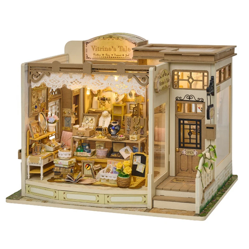 DIY 나무 레트로 보석 가게 카사 미니어처 모델 키트 가구 LED 조명 포함 친구 생일 선물용 인형의 집