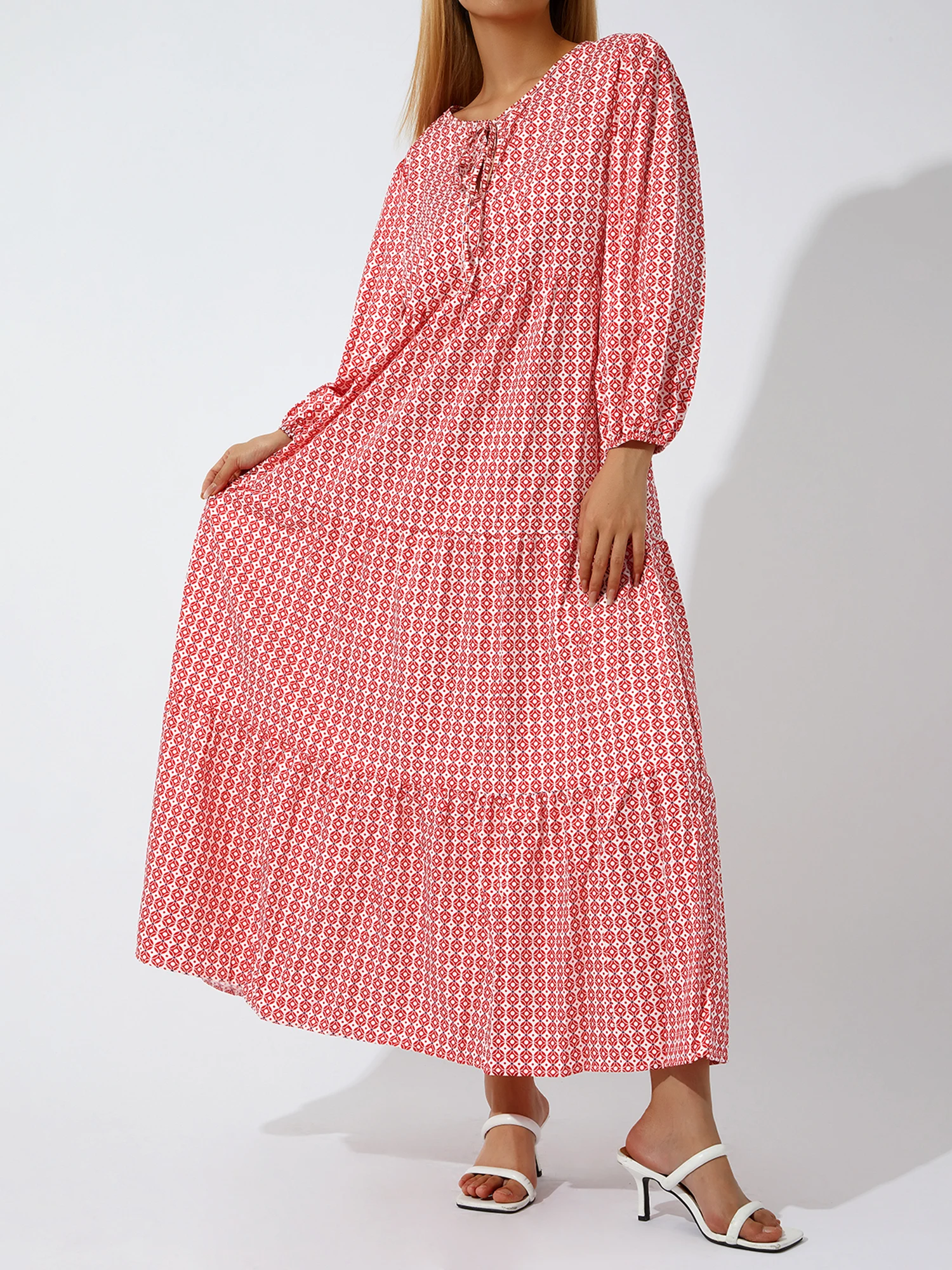 

Women s Vintage Boho Floral Print Maxi Dress with Long Sleeves and Button Down Front - Flowy Swing Style Geometric Patterned