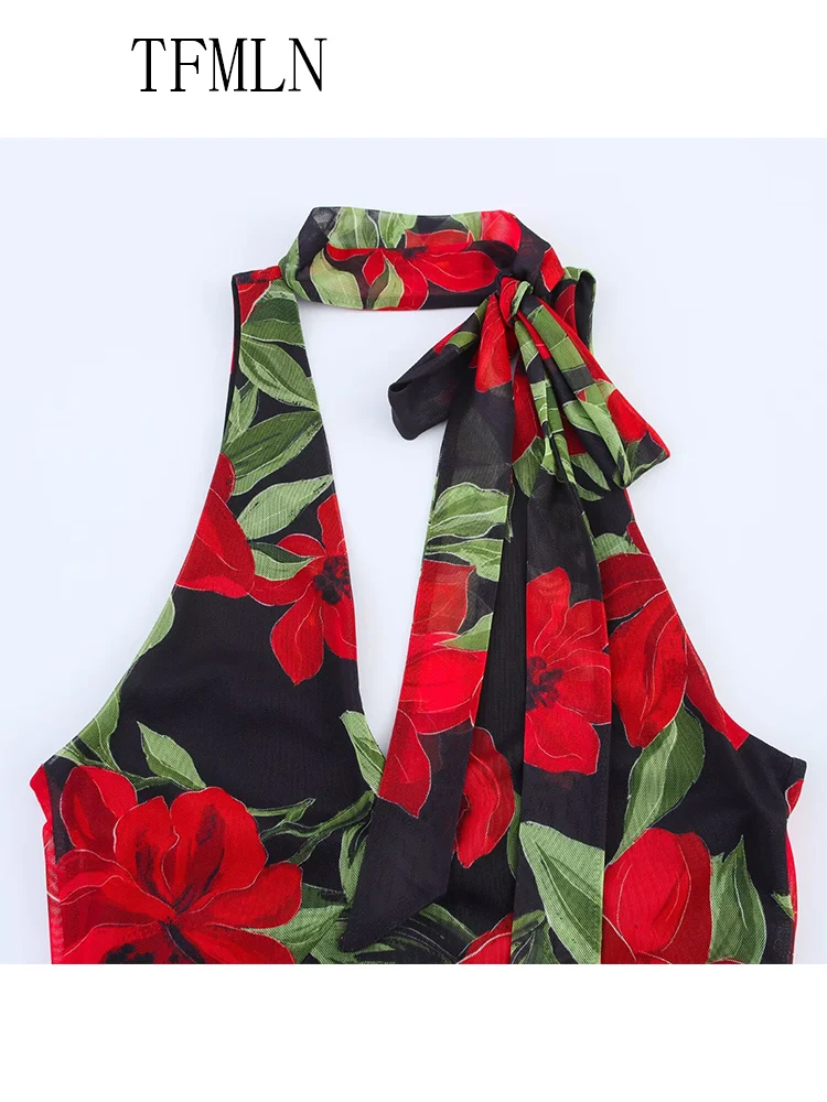 TFMLN Fashion Women Floral Print Tulle Dress 2025 Summer Sexy Halter Backless Slim Sleeveless Party Dress Chic Causal Thin Dress