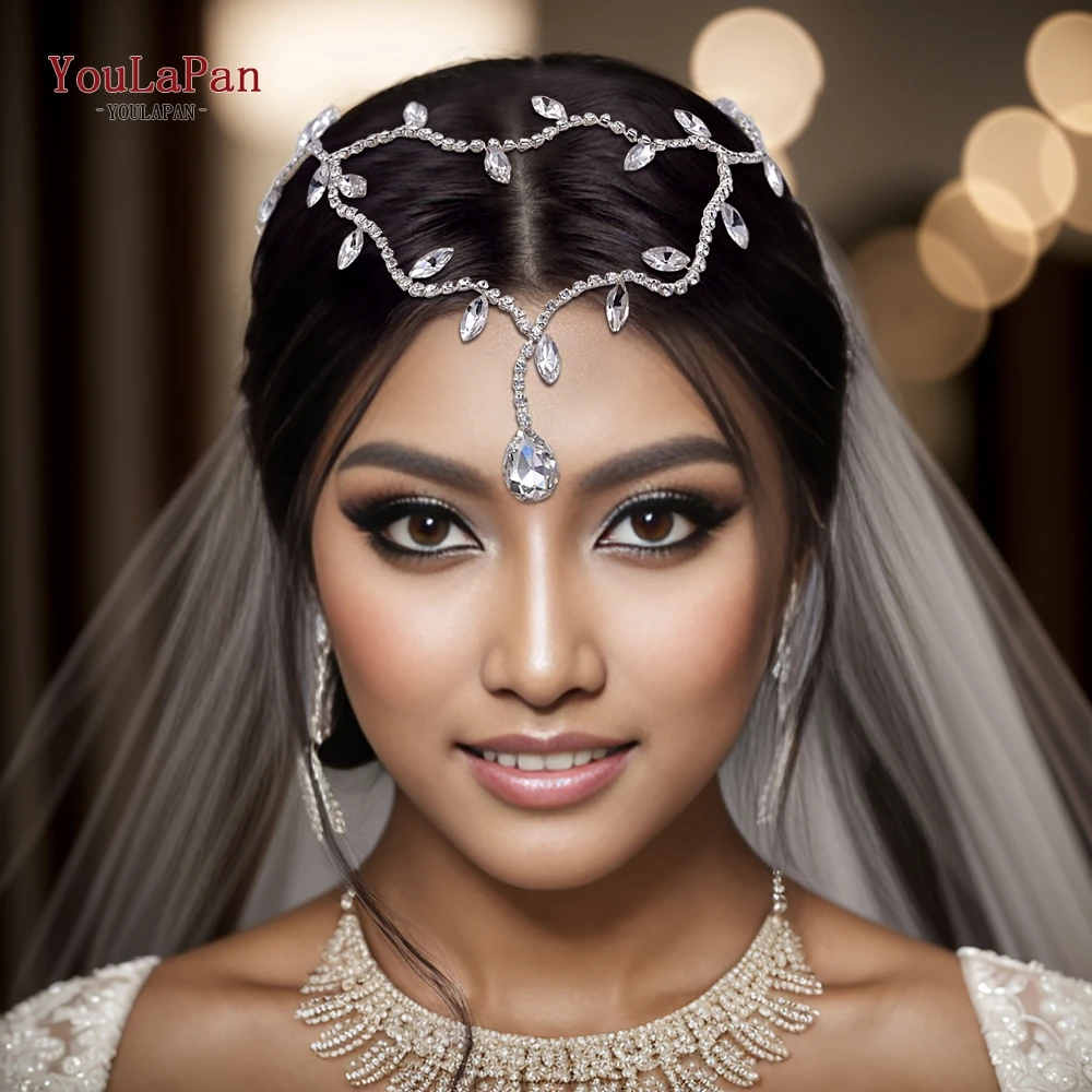 

TOPQUEEN Shiny Bridal Forehead Headband Water Drop Rhinestone Headpiece for Women Wedding Hair Accessories Bride Headdress HP495