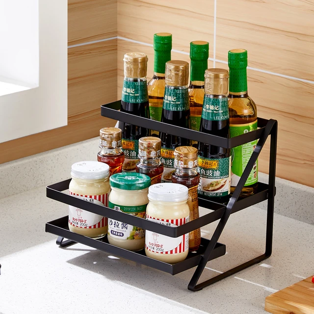 Double Layer Black Stainless Steel Kitchen Spice Rack for
