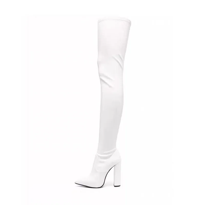 

Arden Furtado 2023 White cowhide Coarse heel Thigh high boots Pointed toe Slip-on Super high heel pretty legs Skinny boots