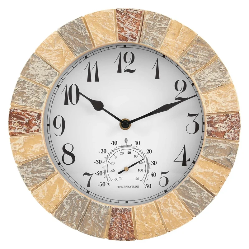 

HOT SALE Outside-In Faux Stonegate Sandstone 10Inch Wall Clock And Thermometer Resin Waterproof Garden Number Wall Clock