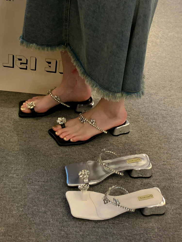 

Women's Shoe Toe Sandals Thick Heel 2023 New Summer Shining Diamond Sandals Medium Heel Shoes