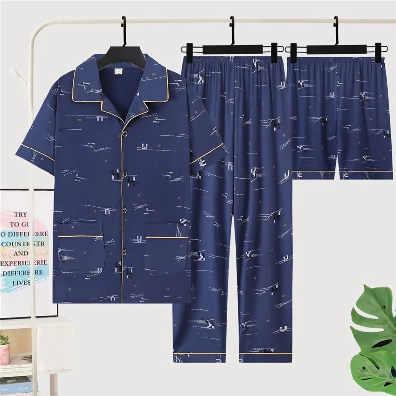 Men's Pajamas Loungewear Three-Piece Set Cotton Spring and Summer Short Sleeve Shorts Trousers