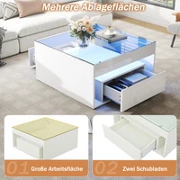Table basse multifonctionnelle brillante 70x70x35cm avec 2 tiroirs, verre trempé LED, design moderne et innovant, table d'appoint pour canapé 3