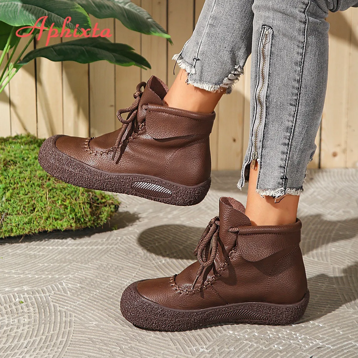 Aphixta Coffee Ankle Boots For Women Lace Up Chunky Heel Modern Short Boot Casual Woman Ankle Boots Woman Booties