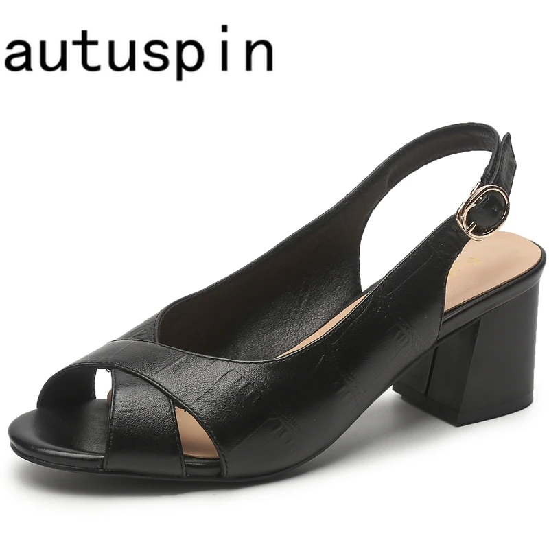 

AUTUSPIN Genuine Leather Women's Sandals 6.5cm Fashion Ladies Thick High Heels Summer Woman Elegant Peep Toe Office Pumps Female