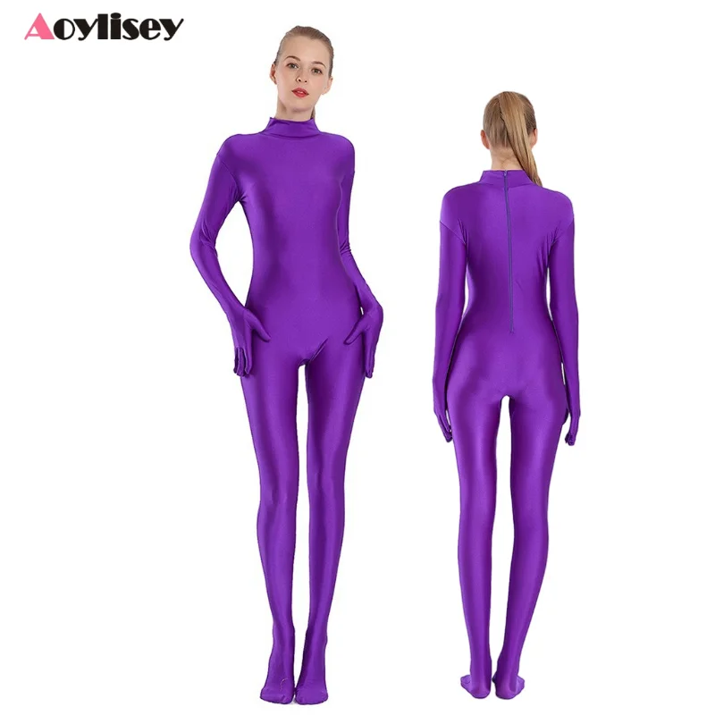 Aoylisey Women Footed Unitard Spandex Bodysuit Adult Sexy High Neck Full Body Leotard Dance Wear Jumpsuits