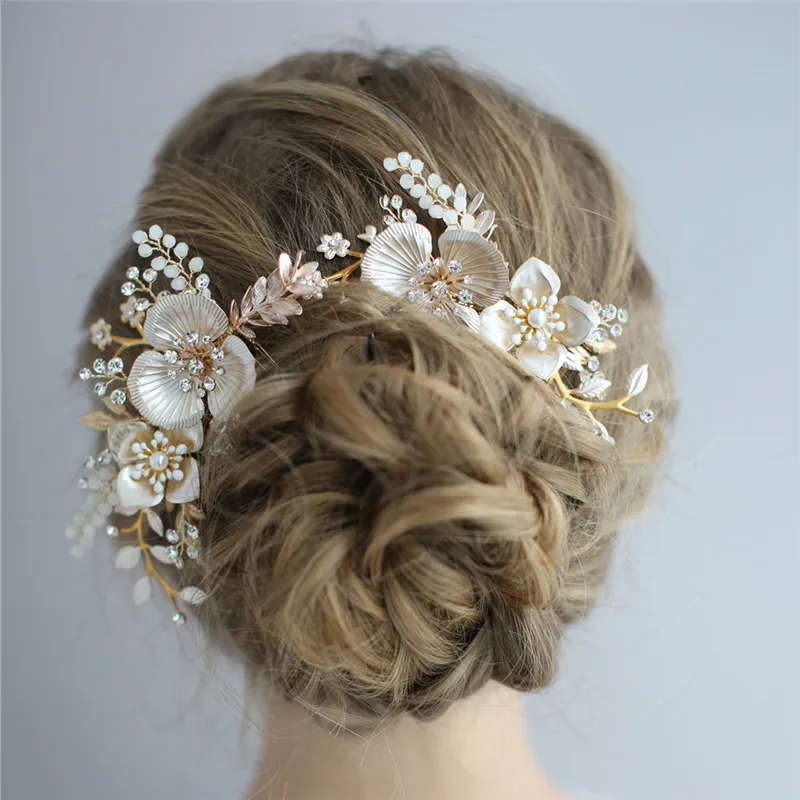 

Boho Gold Floral Wedding Hair Crown Tiara Women Prom Accessories Handmade Leaf Headpiece Bridal Long Hair Comb