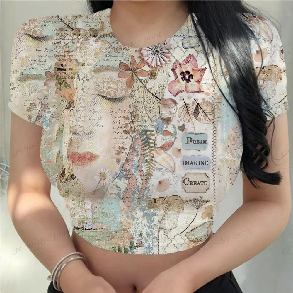 

Sexy Y2k Slim Fit Kawaii Summer Minimalist Abstract Face Print Party Fashion Woman Blouses 2023 Tight Crop Top T-shirts Print 3x