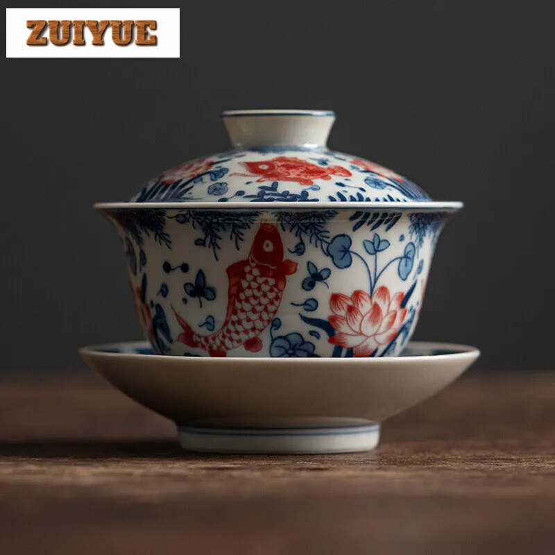180ml Jingdezhen Blue and White Gaiwan Retro Fish Lotus Traditional Tea Tureen Tea Maker Cover Bowl Chinese Set Ornaments