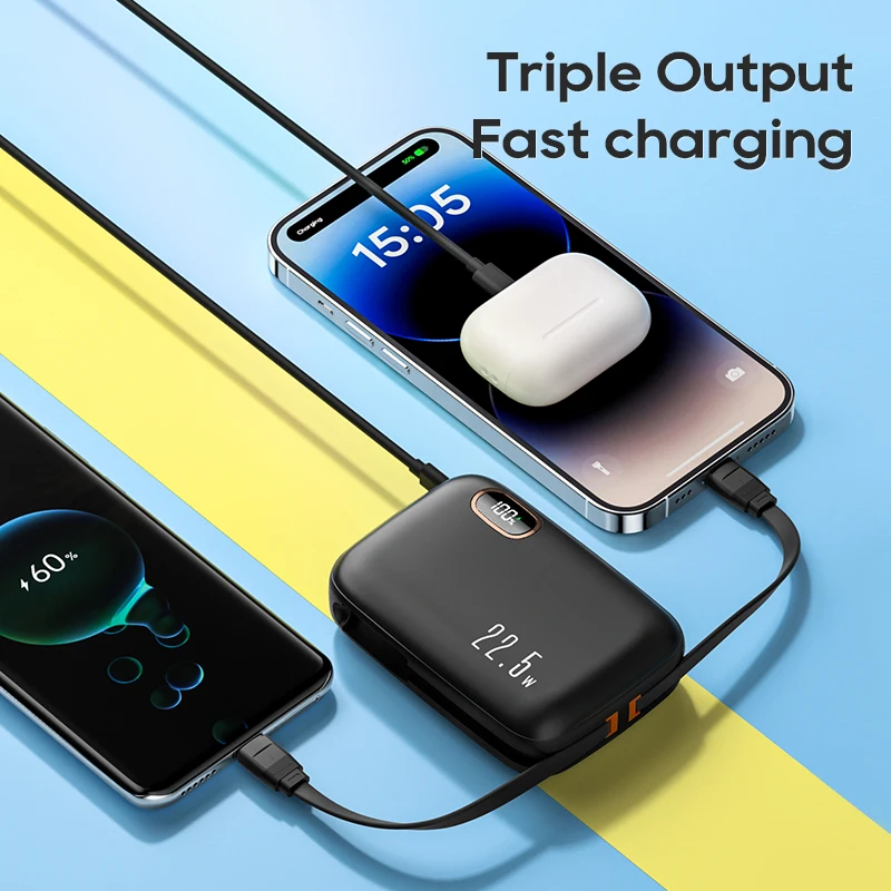 KUULAA 10000mAh Power Bank Three Ports Charging 22.5W PowerBank With Type-C For iPhone Cable PD QC3.0 Charger For iPhone Samsung