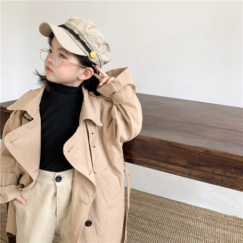 가을 가을 키즈 패션 트렌치, 큰 턴다운 칼라, 긴 바람막이, 어린이 겉옷,  코트, 2-7 세 남아 여아