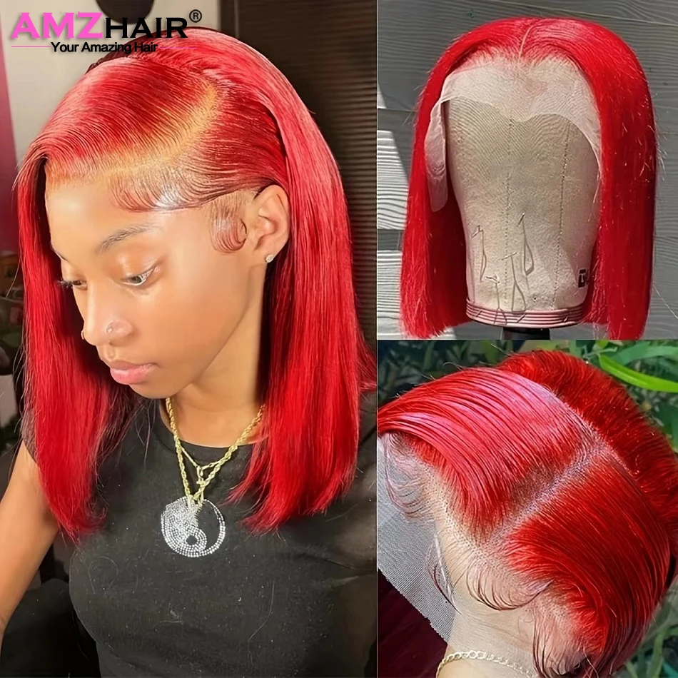 Double Drawn Red Straight Short Bob Wigs Human Hair For Women 13x4 Lace Front Wig Pre Plucked Red Bob Wigs 10 12 14 Inches
