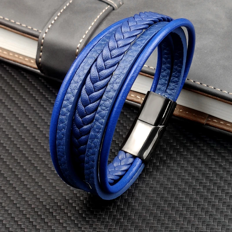 MingAo New Titanium Steel Blue Punk Braided Leather Bracelet For Men Black Magnet Clasp Bangle The Best Gift for Vintage Jewelry | Украшения