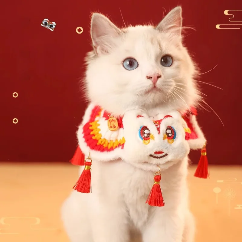 Handmade Knitting Cat Tie Adjustable Pet Accessory Chinese Lion Dance Design Magical Protection Cat Fashion Accessory