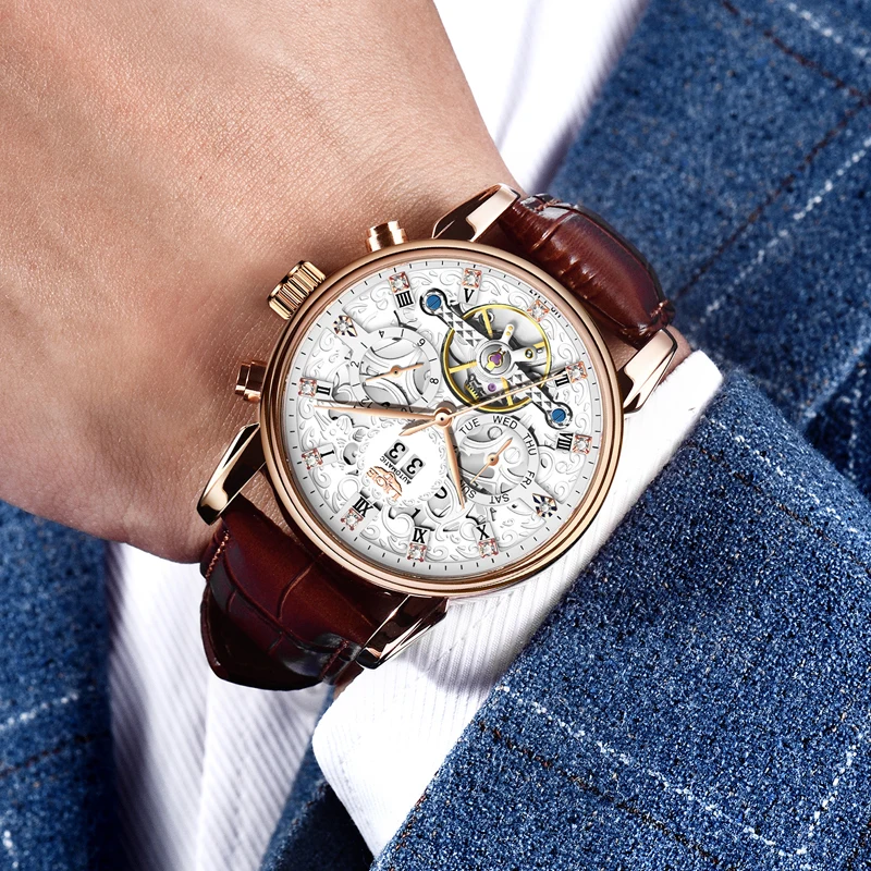 LIGE Mechanical Watches Business Fashion Luxury Leather Strap Tourbillon Automatic Watch for Men Waterproof Calendar Date Clocks