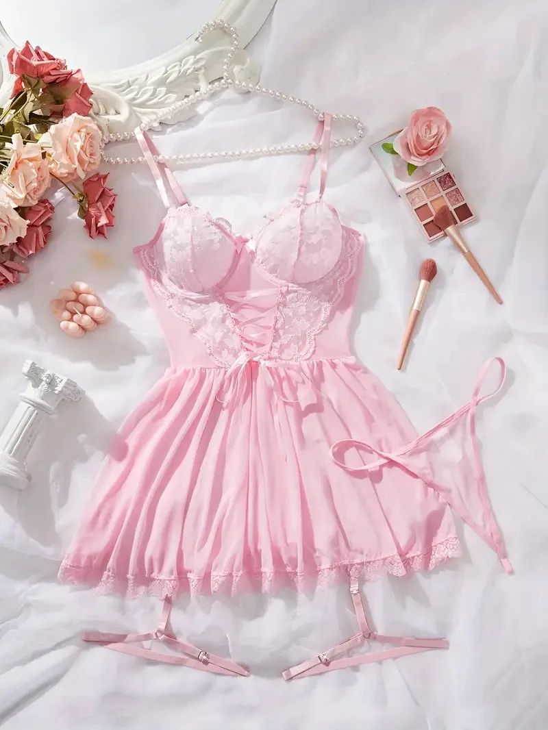 Pink Cute G-strings Lingerie Set Erotic Night Dress Sexi Lenceria Suspenders Ultra-thin Underwear Women Hot Semi-Sheer Nightgown