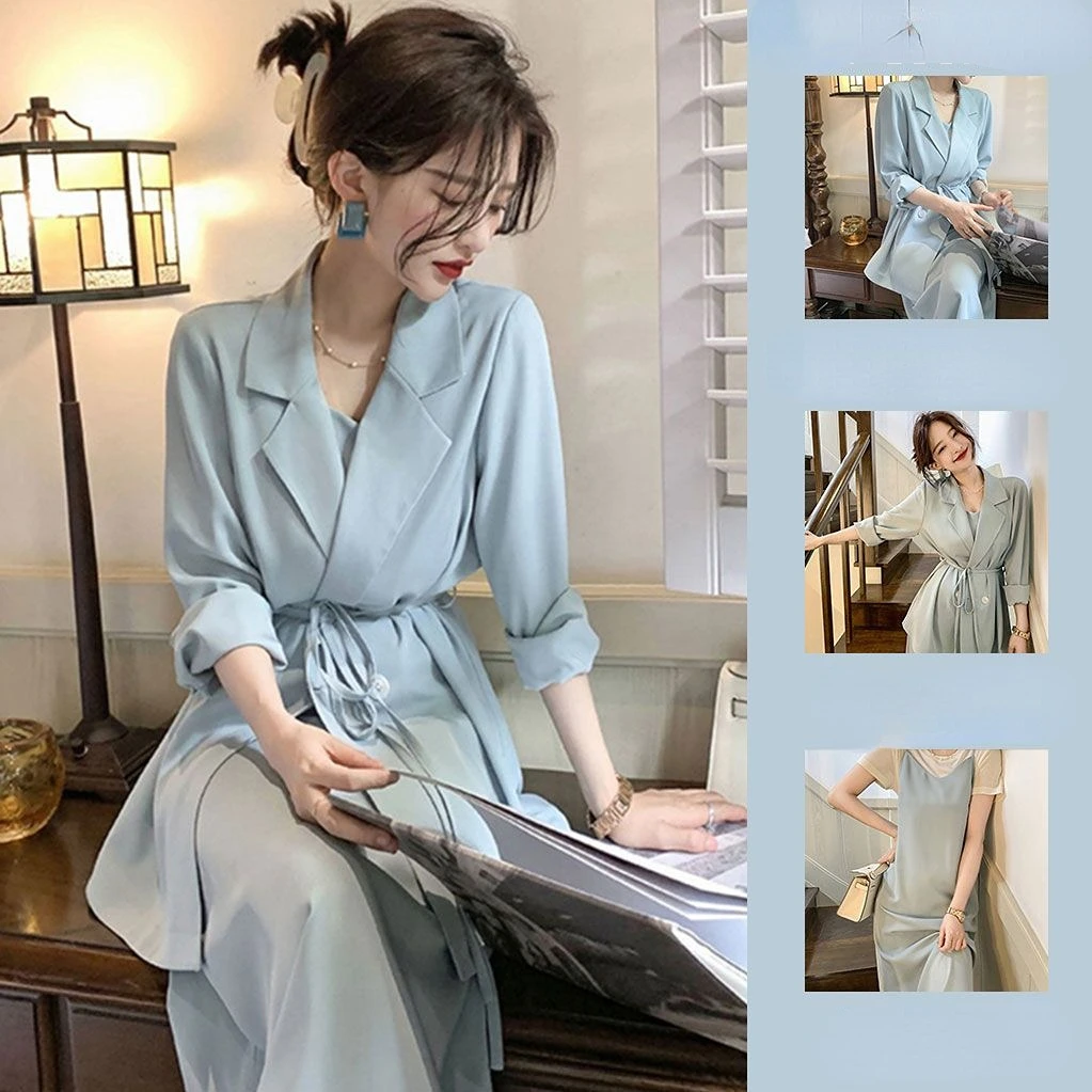 

French Light Mature Wind Suit Jacket Female Spring New Suit Senior Sense of Temperament Sling Dress Two-piece Set