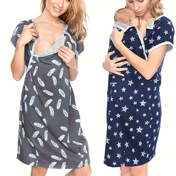 Maternity Sleepwear Women 3 in 1 Delivery/Labor/Nursing Nightgown Short Sleeve Breastfeeding Sleep Dress Maternity Pajamas