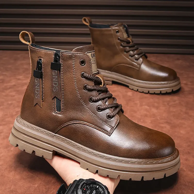 

New Men's Autumn Winter Leather High Top Work Boots Thick Bottom High Quality Plush Warm Cotton Boots Free Shipping Ankle Boots