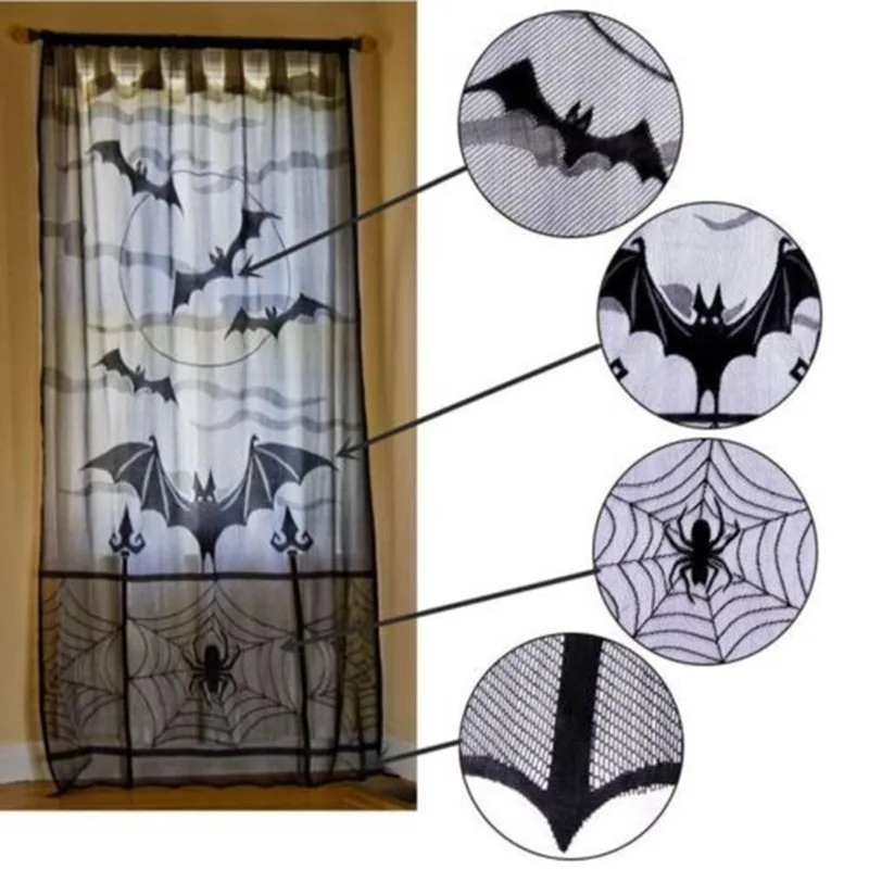Bat Spider Halloween Curtain Black Lace Spider Door Curtain Home Festival Decoration Halloween Bat Curtain Party Decoration