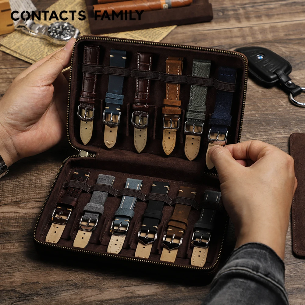 

Retro Genuine Leather Watch Strap Organizer Box 12 Slots Men Watchbands Travel Storage Bag Watch Band Case for Apple Bracelets
