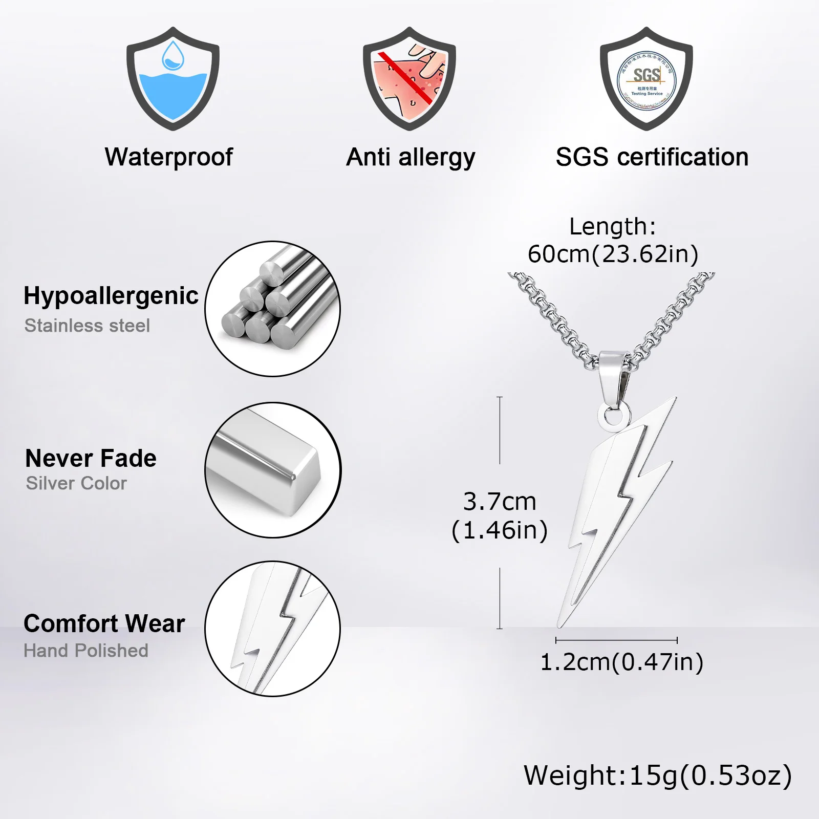 قلادة لايتنينج مقاومة للماء للرجال والأولاد، قلادة لايتنينج من الفولاذ المقاوم للصدأ