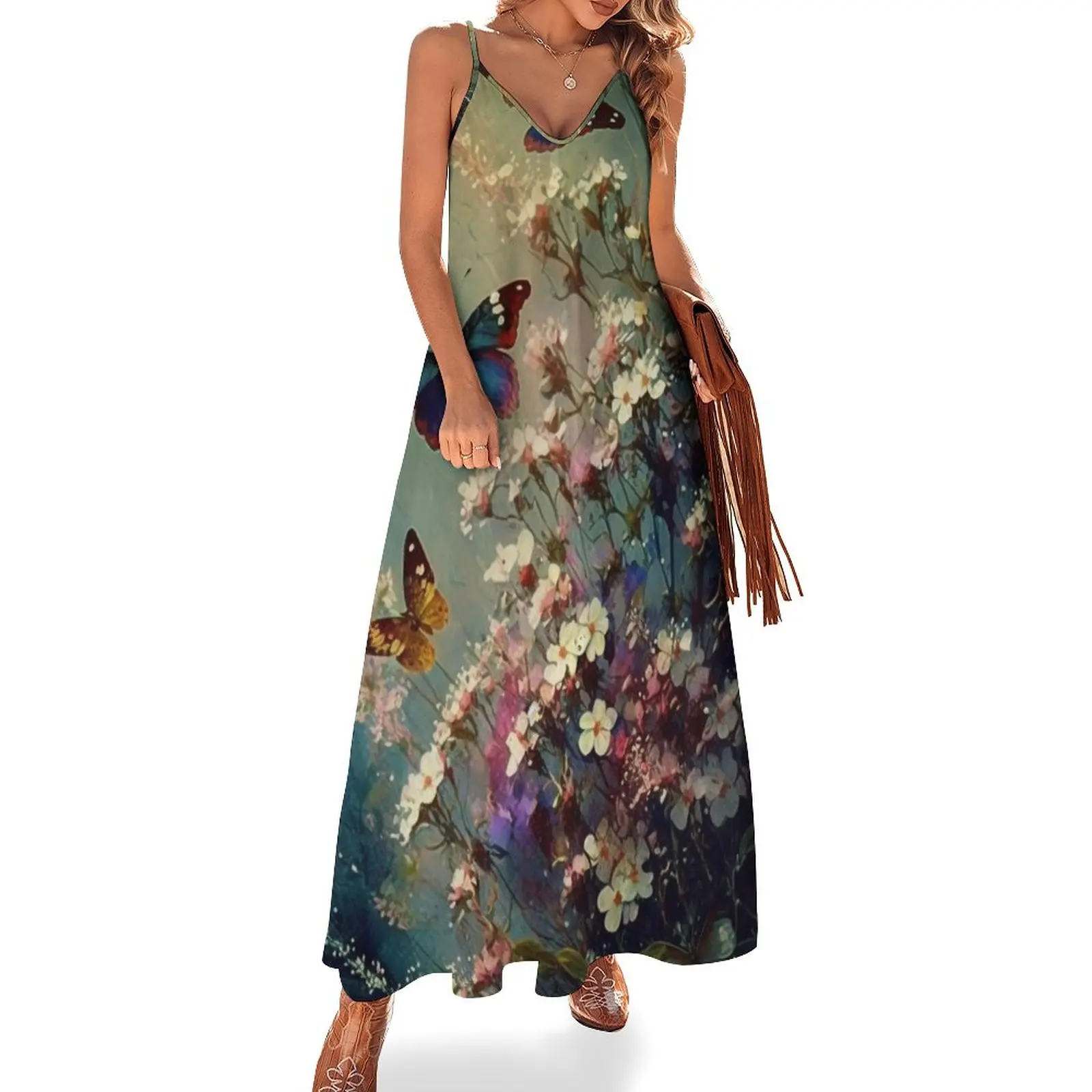 

Vintage Oil Painting Flowers Print Dress Sexy Spaghetti Strap V Neck Long Dresses Women Summer Beach Dresses Party Tunic Clothin