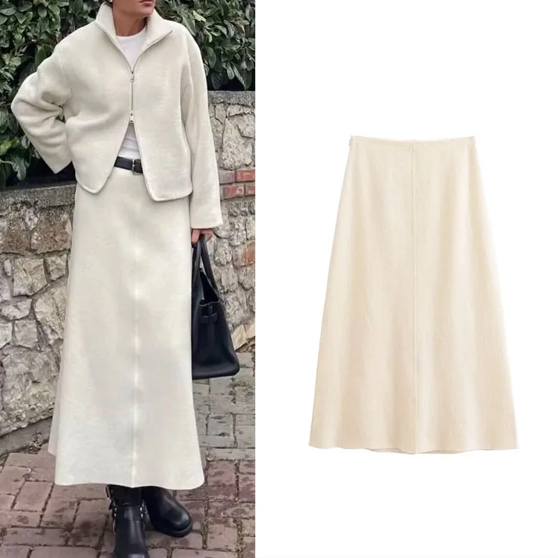 

2023 TRAF Elegant Midi Skirt Women Casual Winter A-line Skirts Suits Women High Waist Side zip Long Skirts Office Lady Skirts