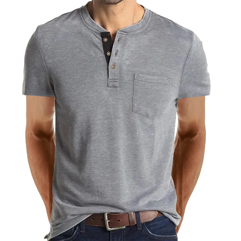 

Summer Men's Short Sleeved T-shirts Henley Collar Solid Casual Top Single Breasted Pocket TShirt Soft Comfy Bottoming Shirt