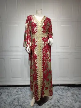 جلابيات نسائي قفطان مغربي عباية دبي طباعة رقبة على شكل حرف v جبر شريط دانتيل فستان بحزام فساتين إسلامية للنساء 6