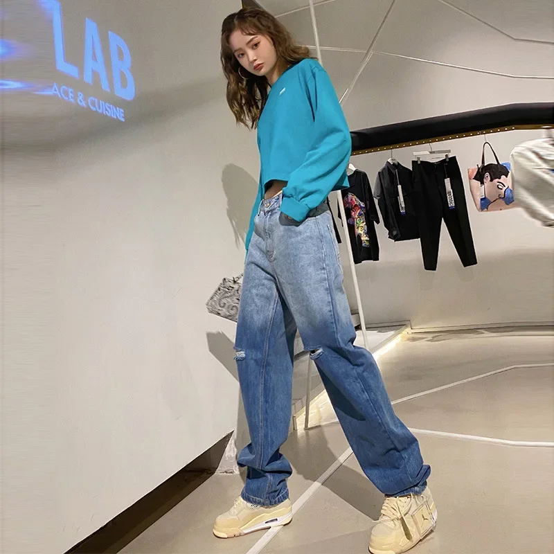 2022 Autumn and Winter Fashion New Gradient Blue Personality Ripped Jeans Women's Loose Drape High Waist and Thin Wide-leg Pants