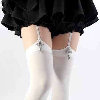 Personalità Decorazione Croce Calzini da donna con bretelle Tinta unita Sottile coscia alta Lolita Anime Cosplay Calze gotiche sopra il ginocchio