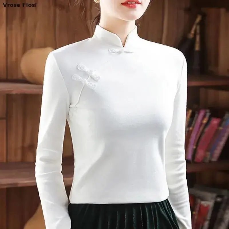 Cheongsam Women's Plus Size Stand Collar Tops Winter Cotton Blend Pure Color Long Sleeve Chinese Style Qipao Shirts Woman