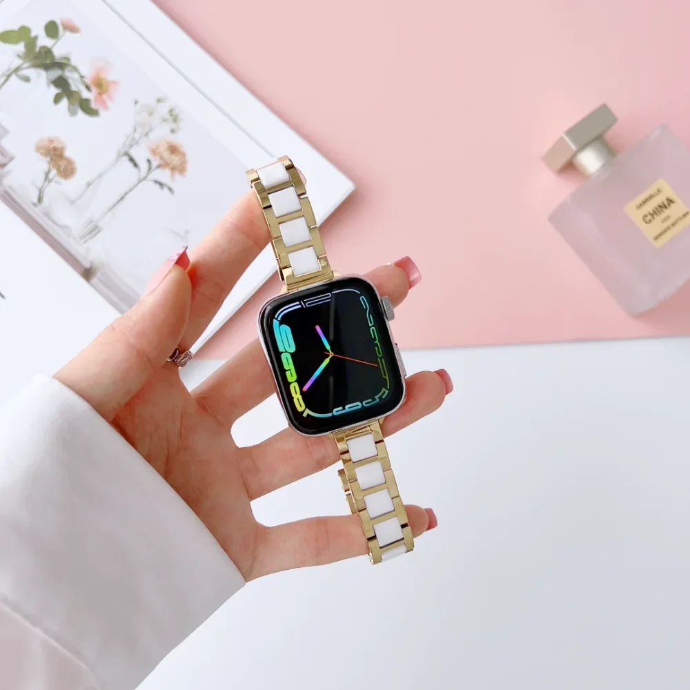 Slim Metal+Ceramic Strap For Apple Watch Band 49mm 44mm 40mm 45mm 41mm 42mm Stainless Steel Bracelet iWatch Ultra 8 7 6 5 4 3 SE