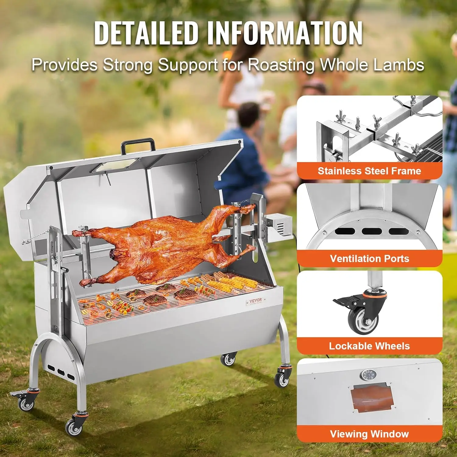 Grill with Hooded Cover Roaster, 46 Inch 198Lbs Capacity, BBQ Outdoor Pig Lamb Rotisserie Roaster, Electric 52W Motor Stainless 6