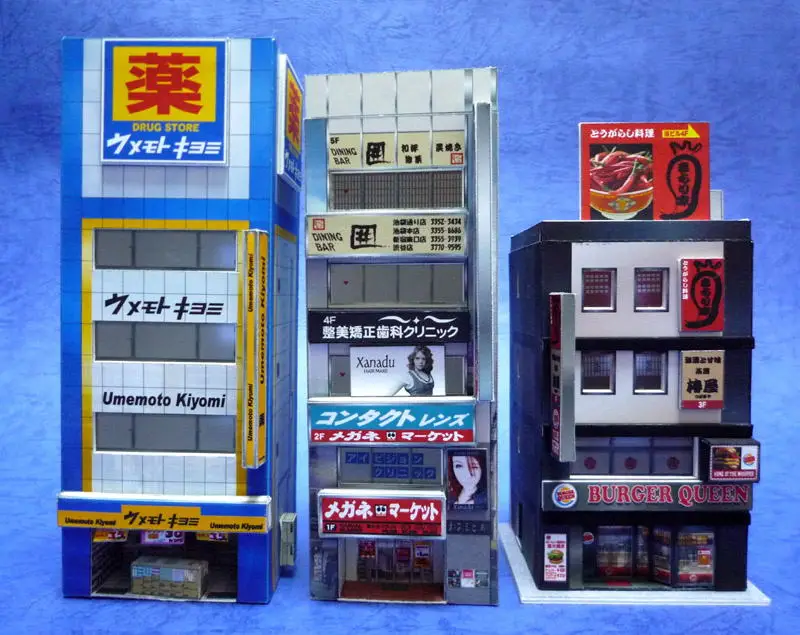 1:150 N-Scale Japanese Building Diorama 3D Paper Model Scene DIY Handmade Ornaments 3 commercial buildings