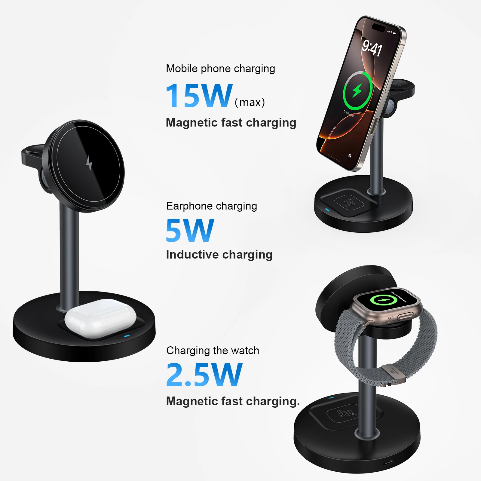Suporte de carregador sem fio rápido 15W Carregador sem fio magnético 3 em 1 para iPhone 12-16 séries iWatch e AirPods ângulo ajustável foto 6