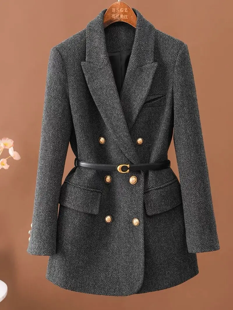 Comes With Belt A Vintage Wool Jacket For Women Autumn And Winter 2024 New Popular Seasonal Green Temperament Top Female Blazer 3