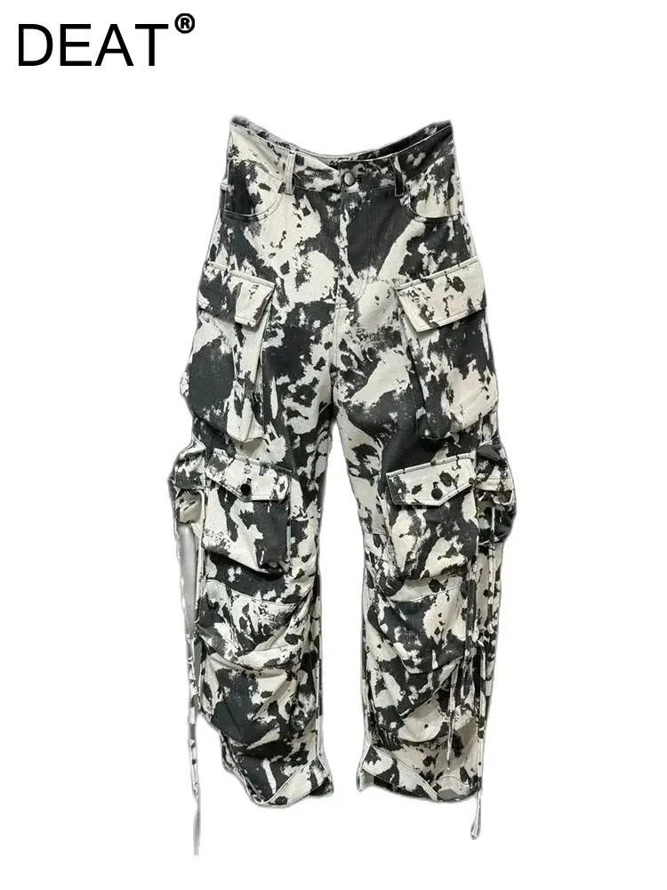 

DEAT Women's Jeans Multiple Pockets Design Contrast Color Tie-dye Camouflage Printed Cargo Pants 2024 Summer New Fashion 7AB3572