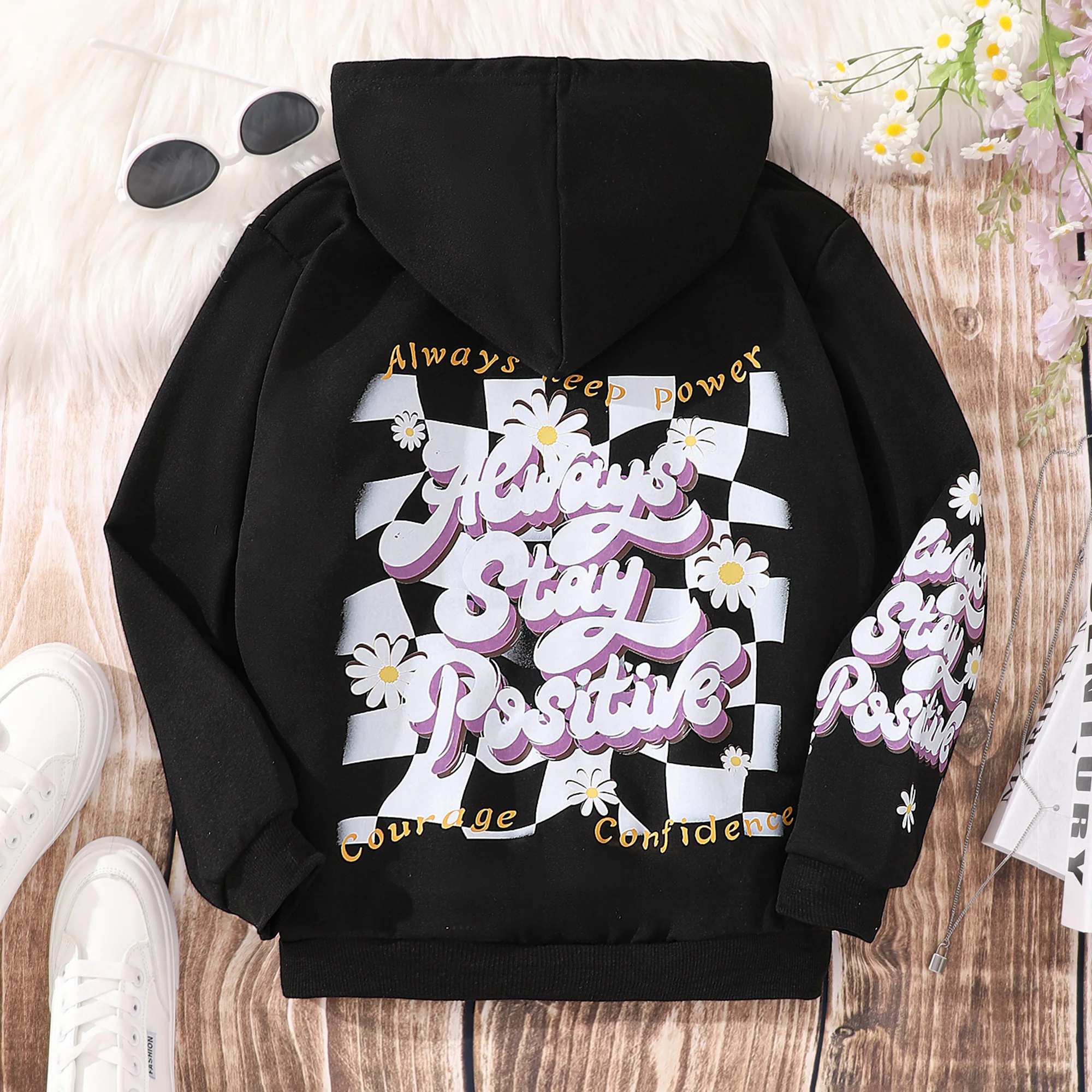 

8-12 Year Old Autumn Girls' Hoodie Top Long Sleeve Letter Checkerboard Print Children's Fashion Girls' Autumn Top