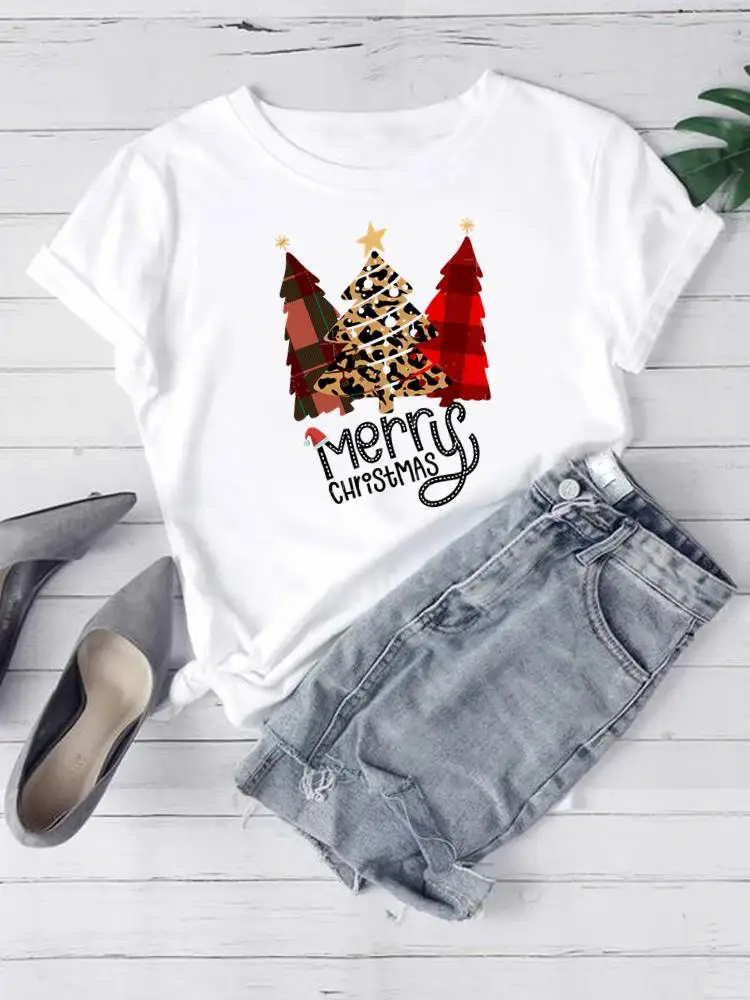 

T-Shirts Lady Clothing Tee New Year Printed Christmas Plaid Tree Style 90s Cute Trend Women Fashion Short Sleeve Graphic T Top