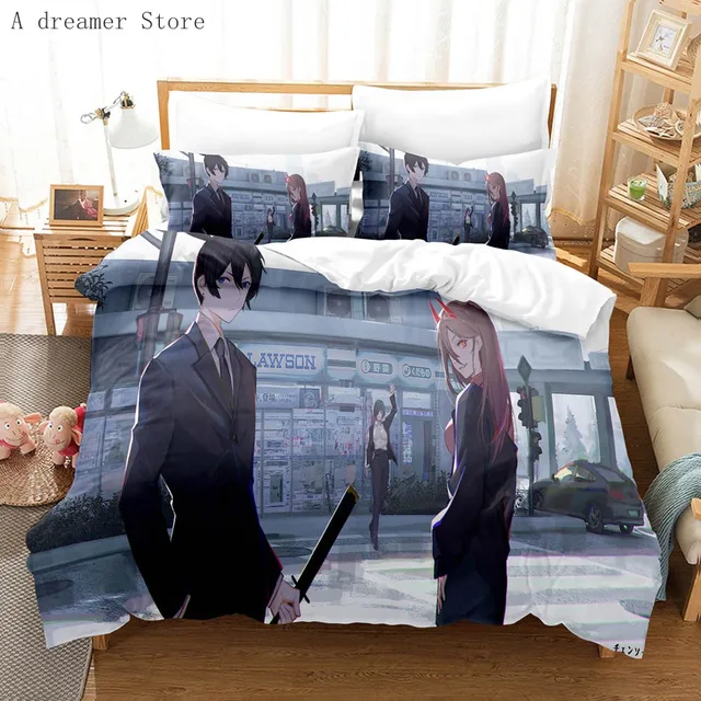 Motosserra homem cama anime dos desenhos animados twin conjunto de cama  duplo 3 peça capa edredão duplo rei capa têxtil casa - AliExpress