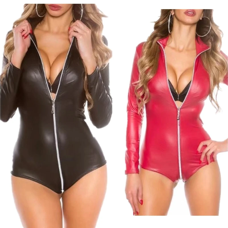 

Plus Size Faux Leather Latex Catsuit Sexy Zipper Open Crotch Bodysuit Women Leotard Sexy Teddy Lingerie Erotic Costumes XXL New