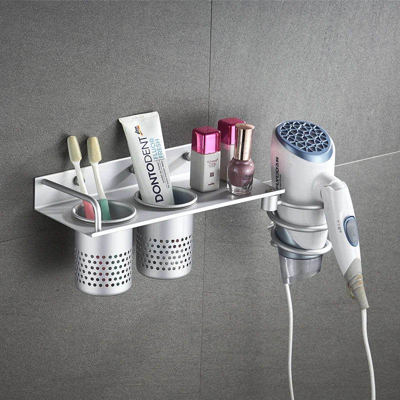 

1Pc Hair Dryer Rack with Basket Aluminium Wall Mounted Bathroom Storage Shelf Hair Comb Brush Plug Holder Bathroom Accessories