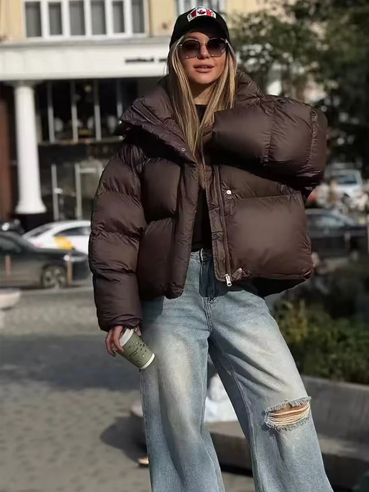 Women Brown Hooded Winter Jackets Fashion Long Sleeve Zipper Button Thick Loose Short Parka Coats Lady Casual Street Outwear