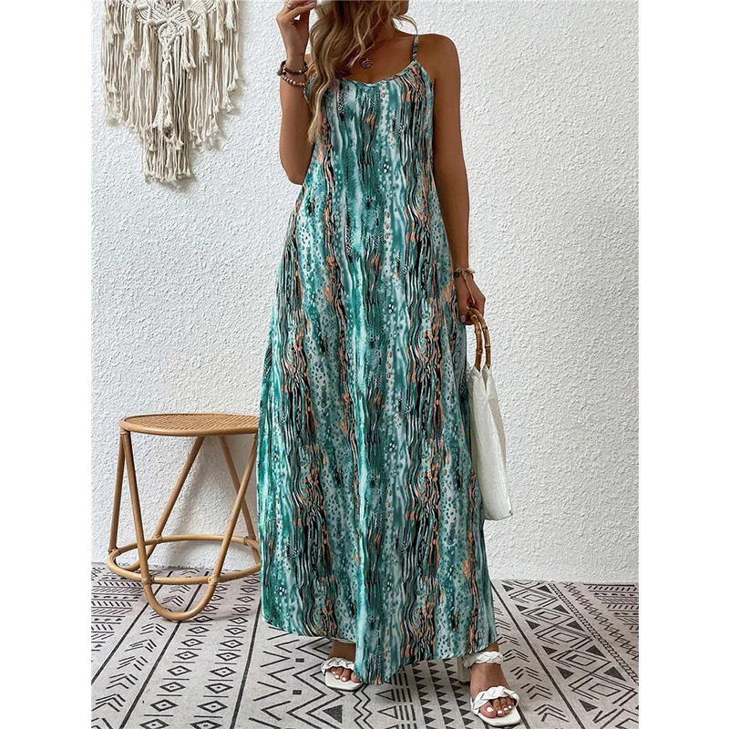 U-shaped Collar Contrasting Colors Print Sleeveless Spring Summer Clothes for Women Plus Size Sling Irregular Ankle-Length Dress