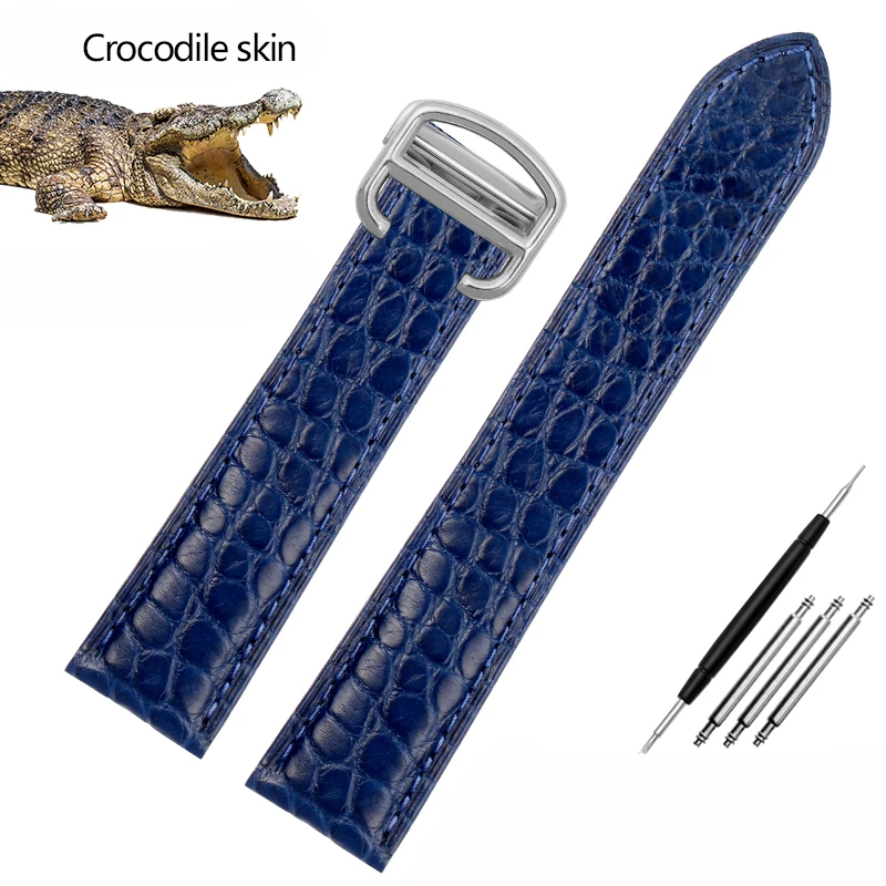 

20mm Alligator Leather Watchband For Car-tier TANK MUST Caleb London Crocodile Watch Bracelet Folding Buckle Strap Brown Blue